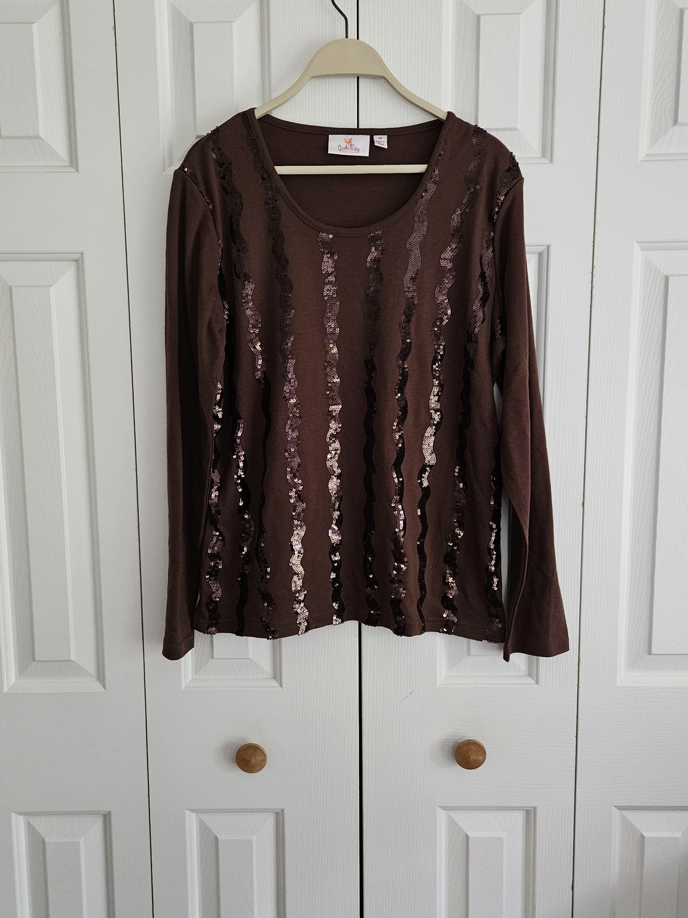 Quacker Factory Brown Sequin Stripe Long-Sleeve Top
